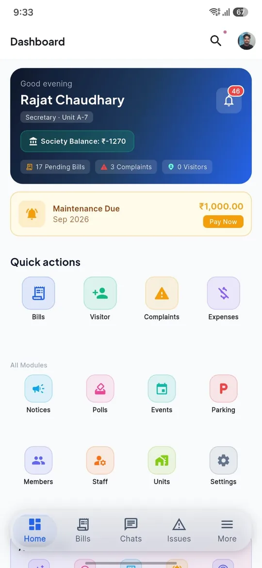 Nivora home dashboard showing pending bills, complaints and visitors, a maintenance-due card, and quick actions for bills, visitors, complaints and expenses