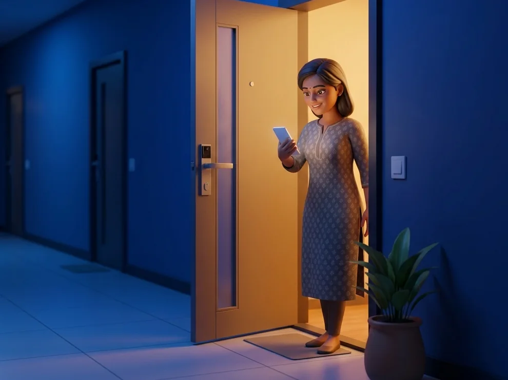 Illustration of a resident at her front door checking a visitor notification on her phone